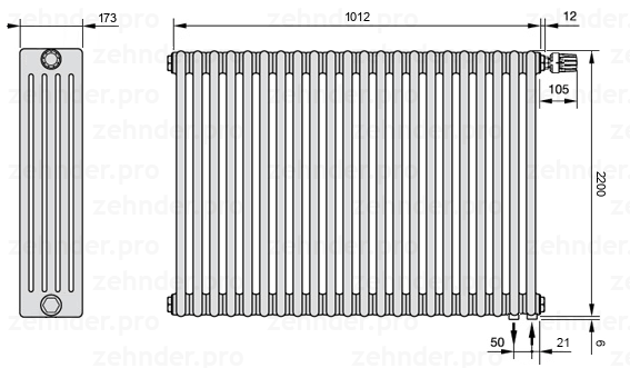 Схема (чертеж) Радиатор Zehnder Charleston 5220/22 №V002 Белый глянцевый RAL 9016
